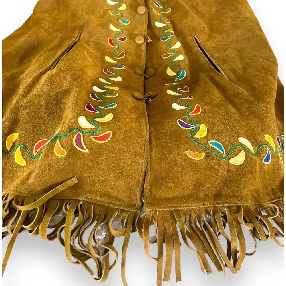 Vintage Leather Fringe Embroidered Cape Western Indian One Size Large - Picture 8 of 16
